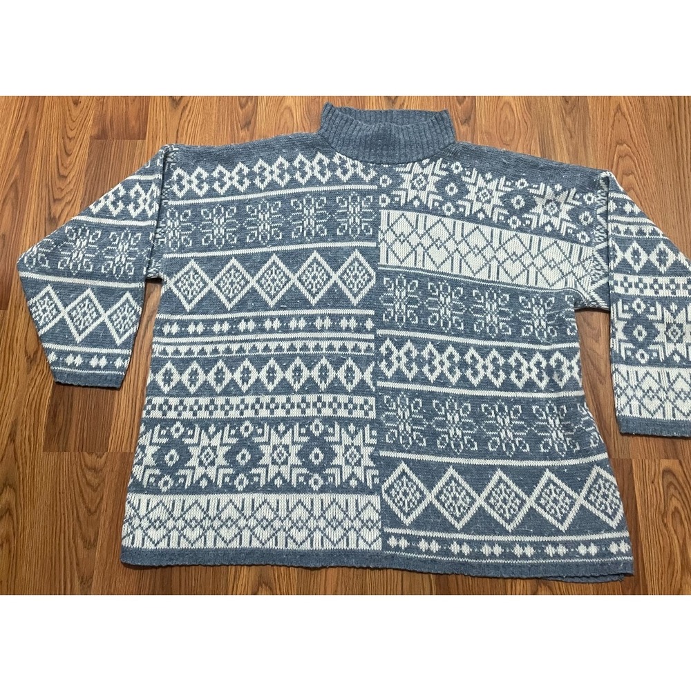 Rose Mens Large Nordic Fair Isle Mock Neck Sweater Made USA Blue